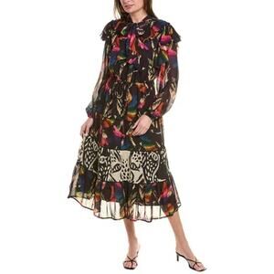 Farm Rio Black Macaws Long Sleeve Midi Dress NWT
